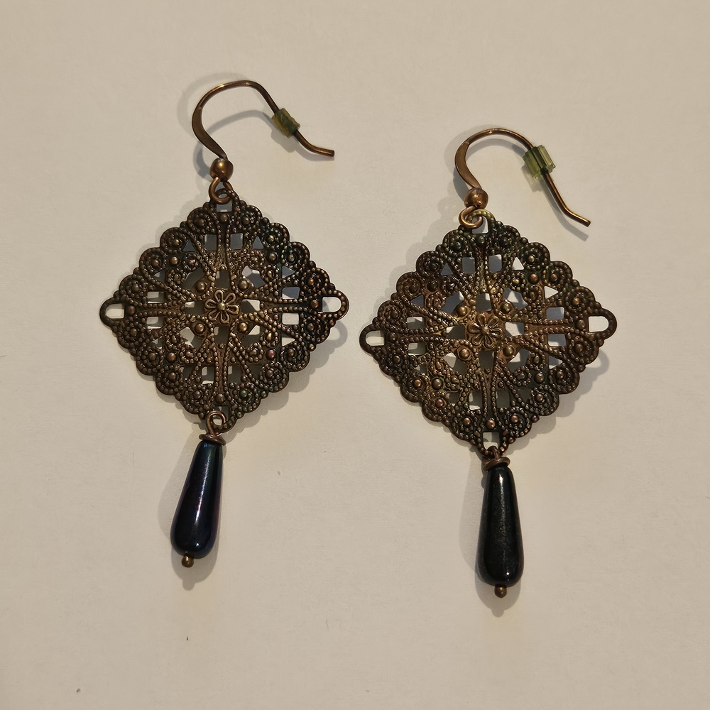 NEW Gold Blue Brass Ornamental Earrings Bohemian Victorian Vintage Whimsigoth - Picture 2 of 4